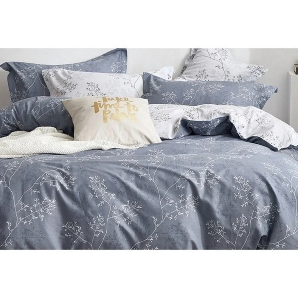 Tracey Blue Gray Foliage Comforter Set Cotton‎ Reversible Farmhouse All Season